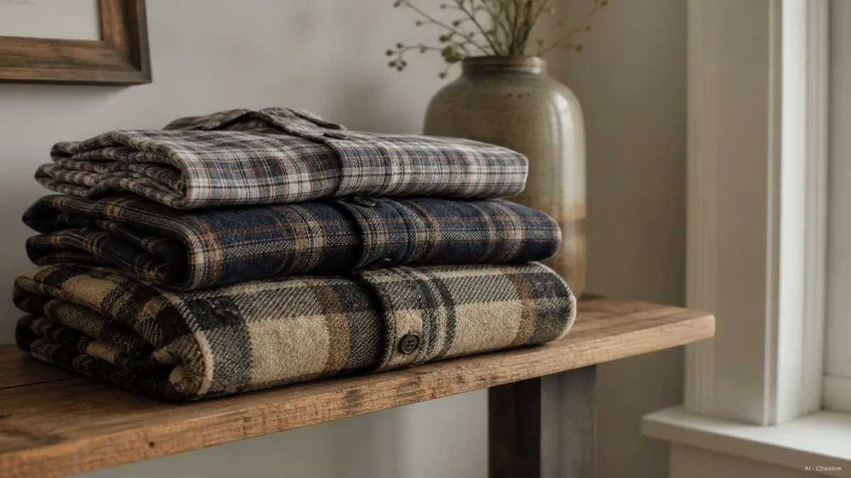 Image: three folded flannel shirts stacked on a wooden shelf, visibly different thicknesses from thin lightweight to bulky heavyweight, soft natural light, no logos visible