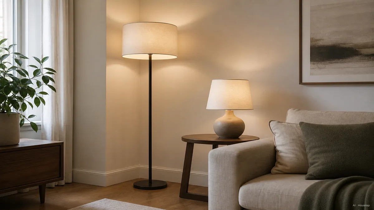 Image: a floor lamp and a table lamp shown side by side in the same corner of a living room, one tall and freestanding, one shorter on a side table, warm soft light from both, clean editorial photograph — AI illustration