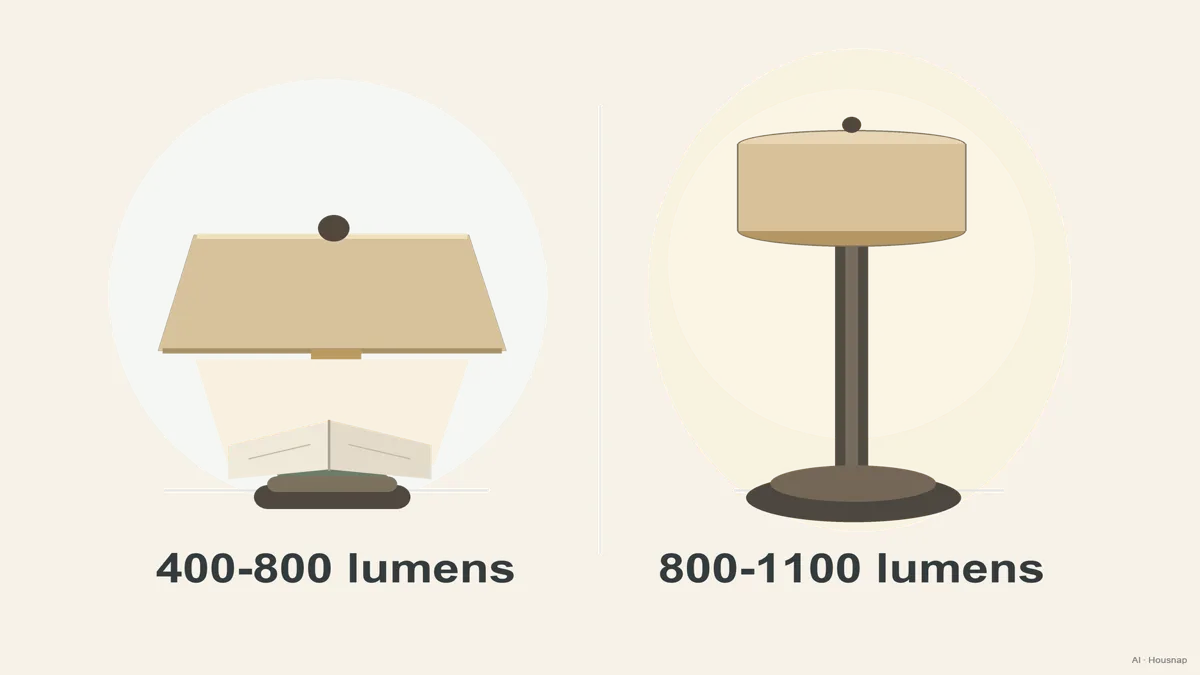 Image: an infographic-style comparison showing a table lamp labeled 400 to 800 lumens for reading beside a floor lamp labeled 800 to 1100 lumens for ambient fill, clean flat illustration with lumen numbers labeled — AI illustration