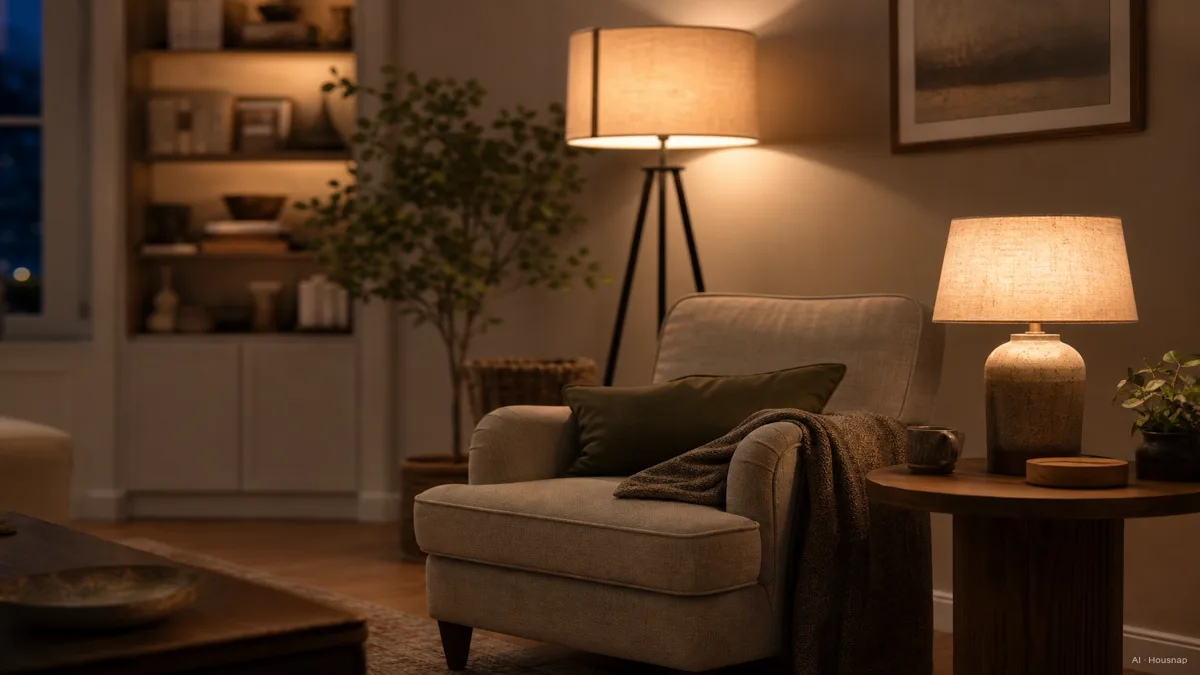Image: a cozy living room evening scene with a floor lamp glowing softly behind an armchair and a table lamp lit on a side table next to it, warm 2700K light, magazine-style interior photograph — AI illustration