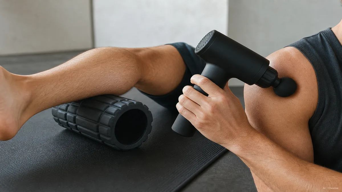 Image: A foam roller and a percussion massage gun placed side by side on a gym mat, one being used under a calf and the other held against a shoulder, showing the two different recovery approaches