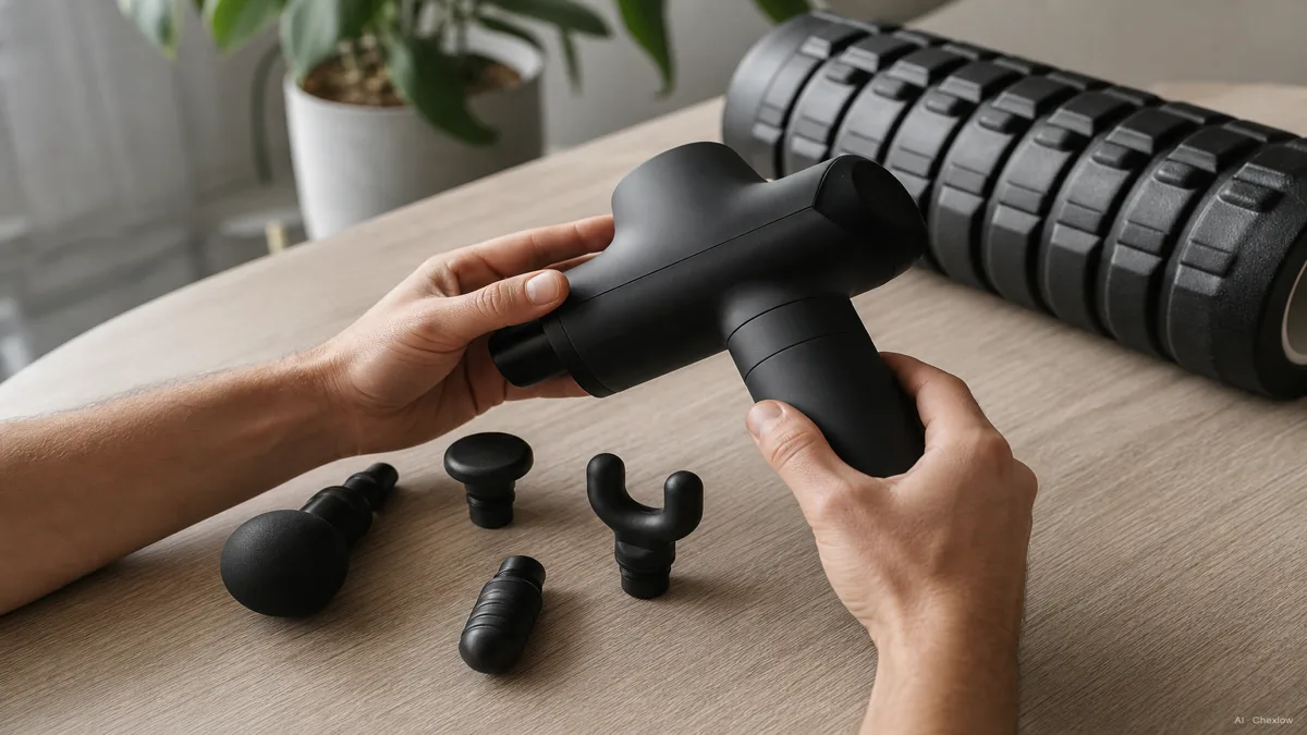 Image: Close-up of hands checking the motor housing and attachment heads of a percussion massage gun on a table next to a foam roller, comparing build quality before purchase