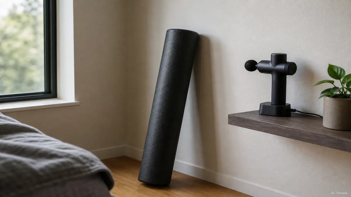 Image: A simple home recovery corner with a foam roller leaning against the wall and a massage gun charging on a small shelf nearby, both ready to grab after a workout