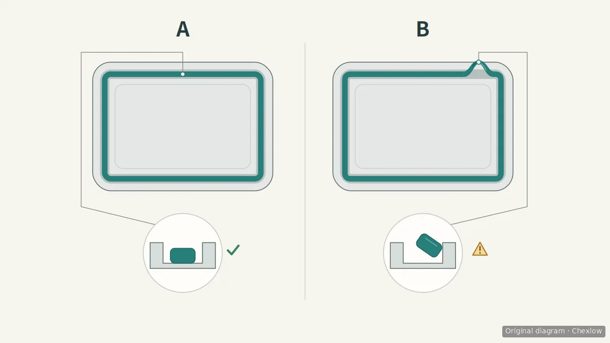 Diagram of two generic rectangular lid grooves, with a gasket seated evenly on the left and a twisted, raised section on the right