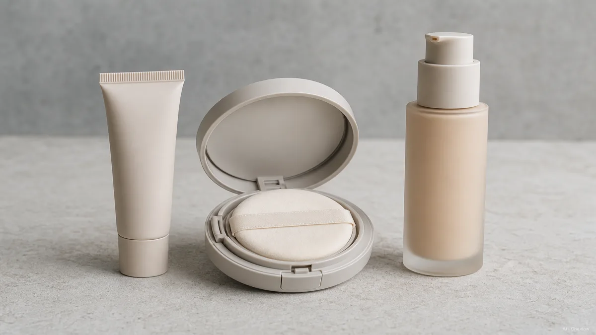 Image: Three unbranded base products lined up left to right on a soft neutral surface, a slim BB cream tube, a round cushion compact open to show its puff, and a tall foundation bottle with a pump, ascending in visual weight, natural diffused light, no labels or logos