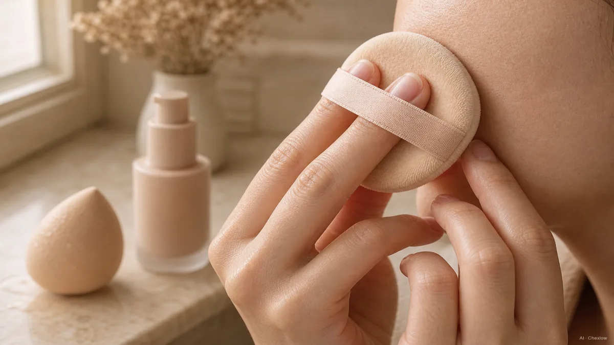 Image: A pair of hands pressing a velour cushion puff onto a cheek in a patting motion, a beauty sponge and a foundation bottle waiting on the counter nearby, warm soft light, no visible brand marks