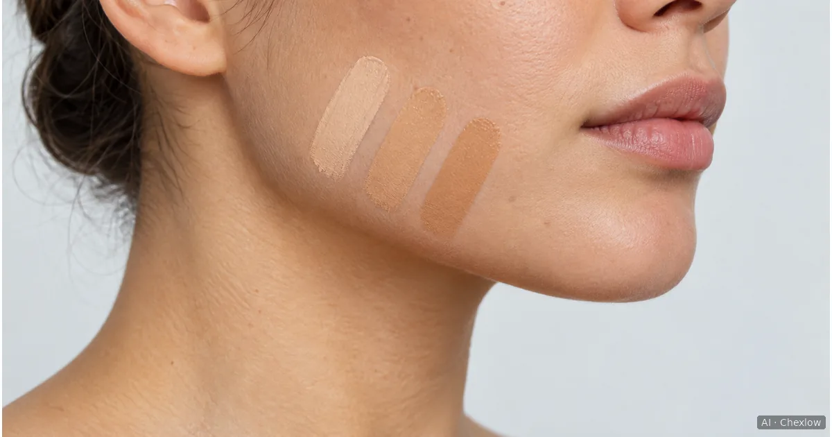 Illustration of three neighboring foundation swatches on a lower cheek and jaw beside the visible neck