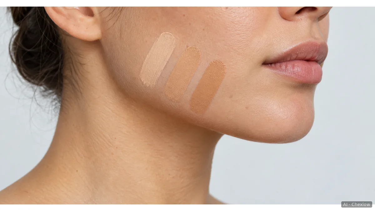 Illustration of three separate foundation swatches along the lower cheek and jaw, with the upper neck visible
