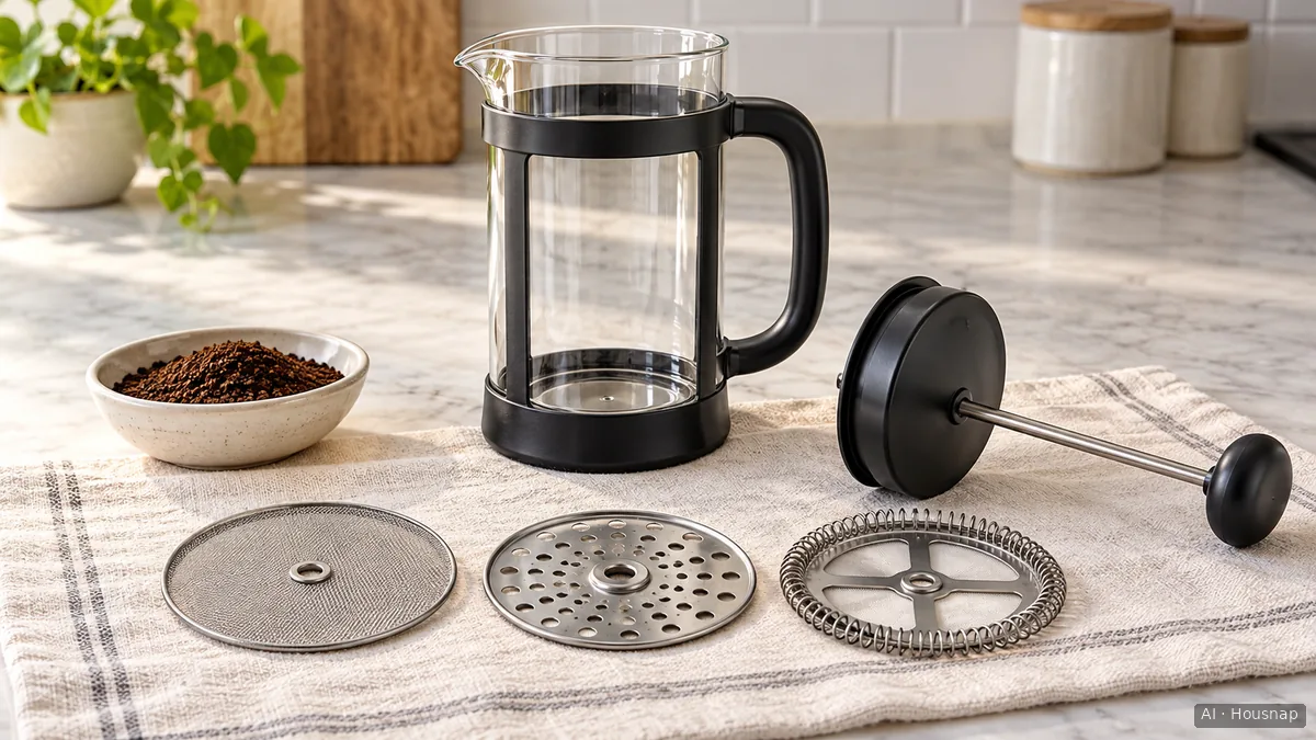 An empty glass French press beside its plunger rod and separated mesh and support discs laid side by side on a towel, with a small dish of coarse coffee nearby; illustrative, not an assembly-order diagram. — AI illustration