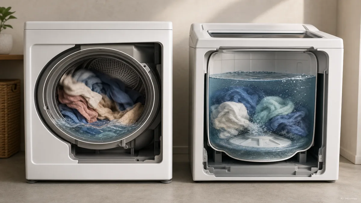 Image: Side-by-side cutaway diagram of a front-load washer tumbling clothes through a shallow water pool and a top-load washer with a low impeller disc spinning clothes in a fuller tub, clean instructional illustration — KI-Illustration