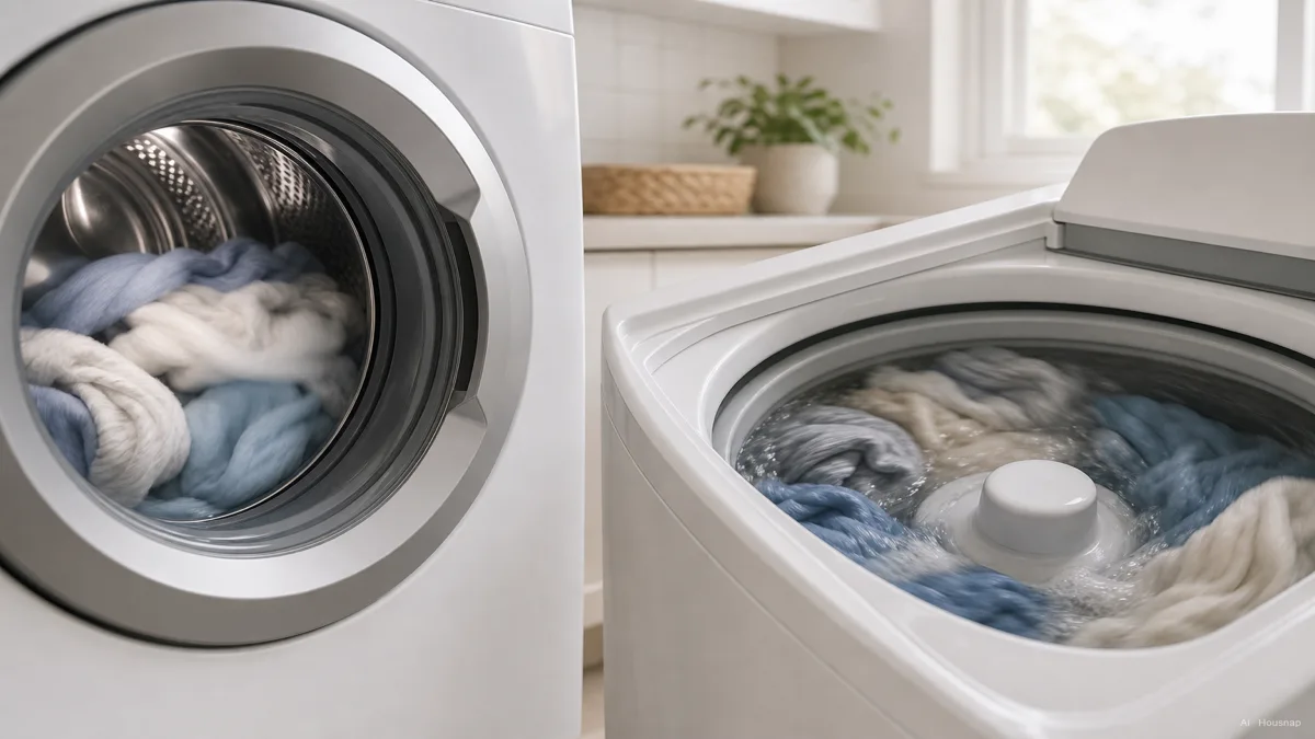 Image: Close-up comparison of a front-load washer's horizontal drum tumbling clothing gently versus a top-load washer's low impeller disc spinning a full tub, bright clean laundry room setting — KI-Illustration