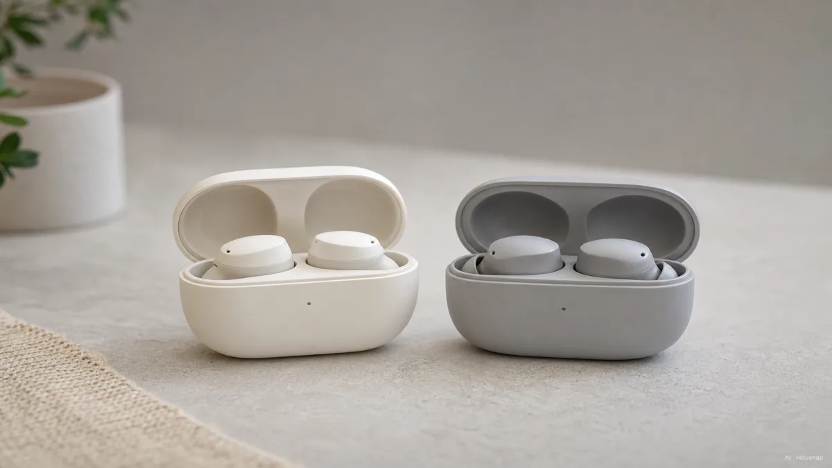 Image: 充電ケースを開いた状態で並べて置かれたGalaxy Buds3 ProとPixel Buds Pro 2、ロゴは見えない構図 — AIイラスト