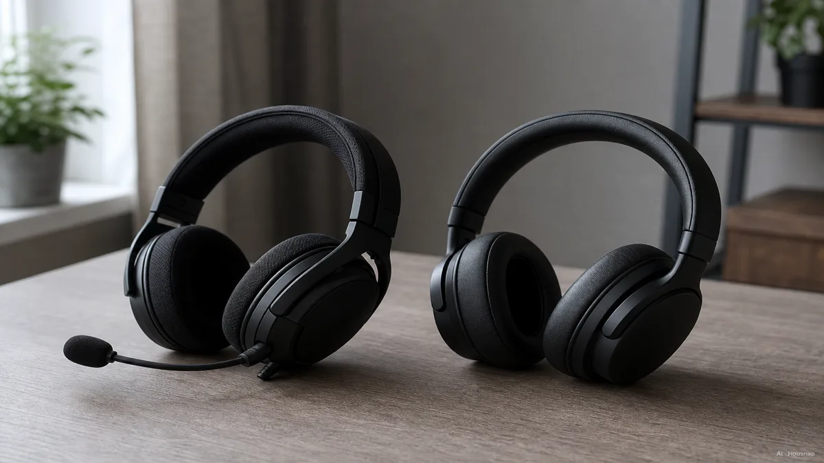Image: A gaming headset with a boom microphone and a pair of plain over-ear headphones placed side by side on a desk, no visible branding — AI illustration