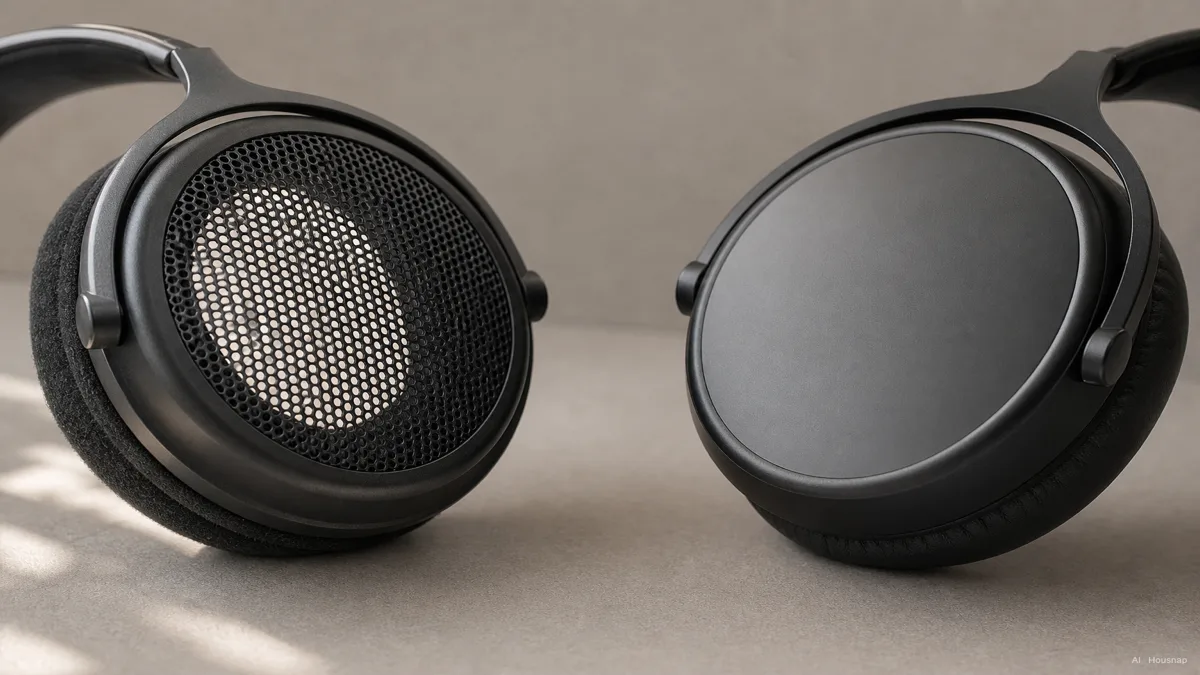 Image: Close-up comparison of a perforated open-back ear cup letting light through versus a solid sealed closed-back ear cup, placed on a neutral background — AI illustration