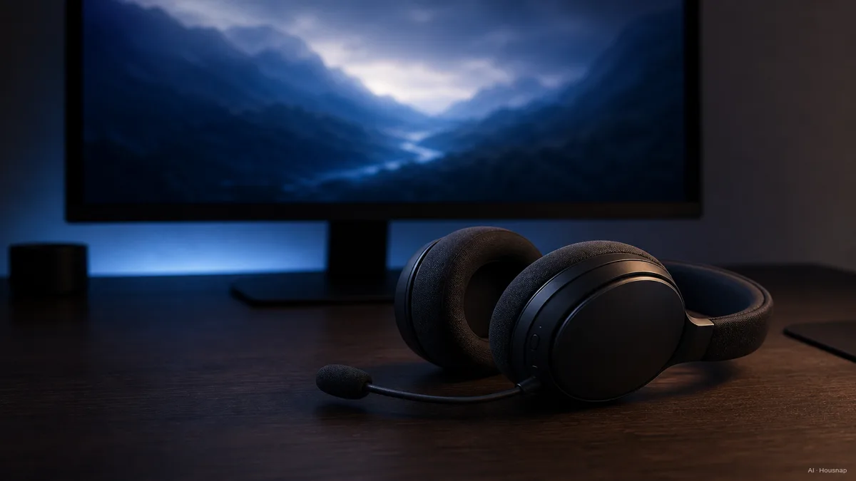 Image: A person wearing a wireless gaming headset at a desk during a late-night gaming session, monitor glow lighting the room, no visible logos — AI illustration