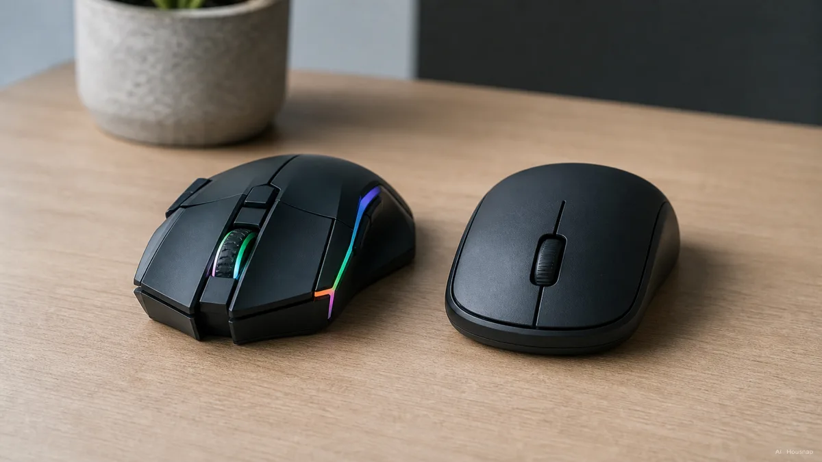 Image: side-by-side desk photo of an angular RGB-lit gaming mouse next to a plain matte office mouse, same size relationship, showing how similar the base shape actually is despite the different finishes — AI illustration