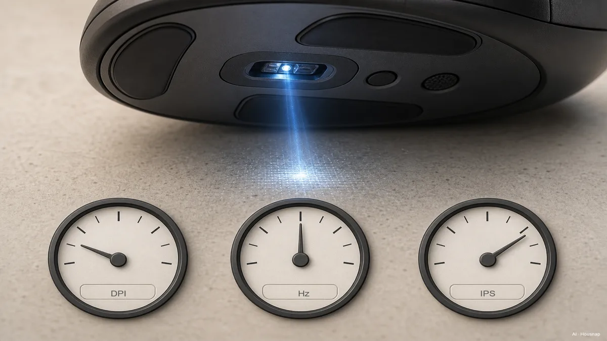 Image: close-up illustration of a mouse sensor's tracking beam with a simple visual scale showing DPI, polling rate in Hz, and IPS as three separate labeled dials rather than one confusing spec block — AI illustration