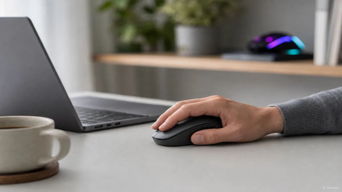 Image: an office desk scene with a hand resting comfortably on a clean, understated wireless office mouse next to a laptop and coffee cup, contrasted in the background with a blurred angular RGB gaming mouse sitting unused on a shelf — AI illustration
