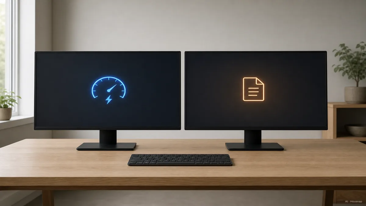 Image: two near-identical 27-inch monitors side by side on a desk, one tagged with a small speed icon and one with a document icon, clean studio lighting — Ilustração IA