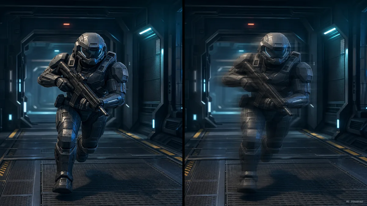 Image: a single fast-moving game character rendered twice, the left frame crisp and the right frame with faint motion blur trailing behind, comparison style — Ilustração IA