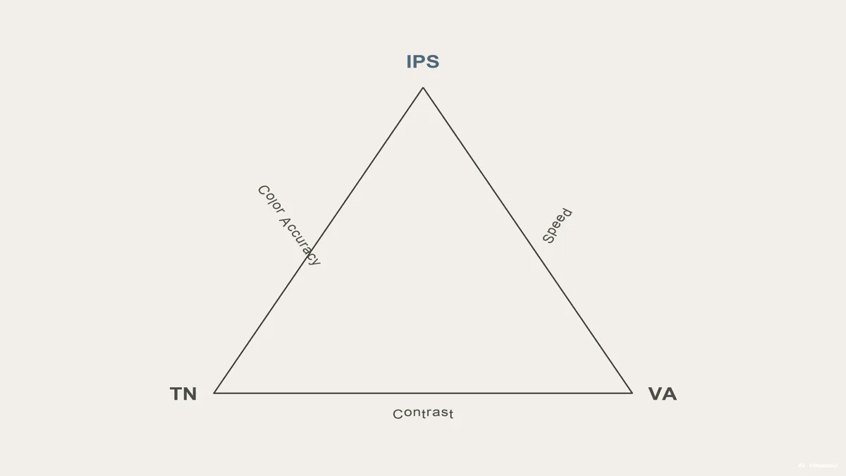 Image: a triangle infographic with TN, IPS, and VA at each corner, labeled with speed, color, and contrast as the three competing strengths, flat clean style — Ilustração IA