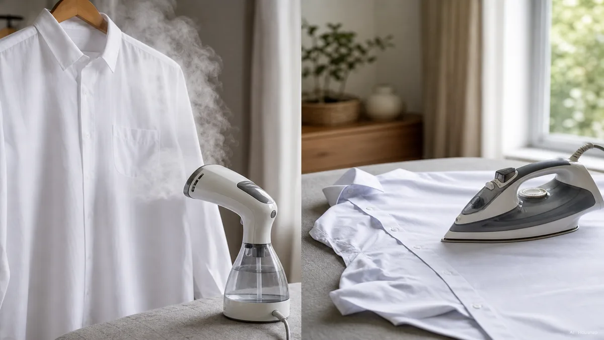 Image: Side-by-side split scene, a handheld garment steamer releasing visible vapor into a hanging shirt on the left, a steam iron pressing a dress shirt on an ironing board on the right, clean bright home setting — KI-Illustration