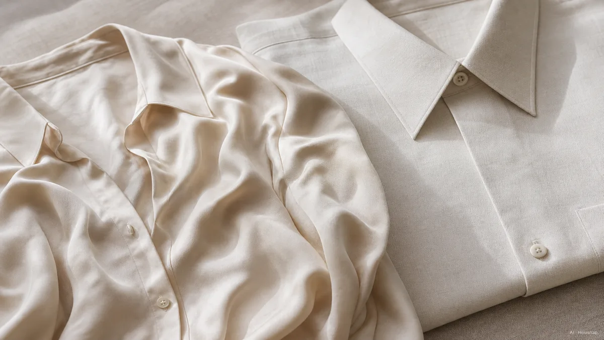Image: Close-up of a silk blouse and a linen shirt laid side by side, one lightly steamed with visible wrinkle relaxation, the other crisply pressed with a sharp collar crease, soft natural light — KI-Illustration