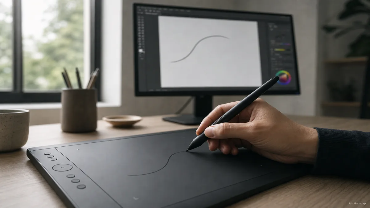 Image: a hand holding a stylus and drawing a smooth curved line on a screenless pen tablet, with a separate monitor in the background showing the line appearing in illustration software — AI illustration