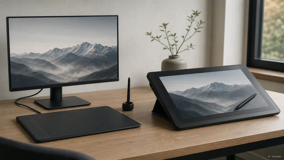 Image: side-by-side comparison scene, a slim screenless pen tablet connected to a monitor on the left, a pen display with a stylus resting directly on its own screen on the right — AI illustration