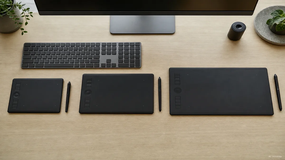 Image: overhead view of a desk showing three pen tablet sizes side by side, small, medium, and large, next to a keyboard and monitor for scale reference — AI illustration