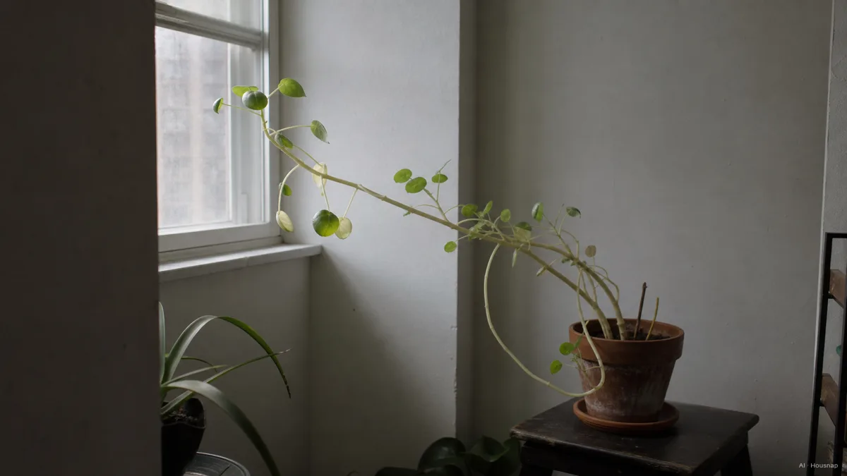 Image: A dim home corner with a leggy, pale houseplant stretching toward a small window, soft natural light fading across the frame, calm and diagnostic tone, no brand marks — AI illustration