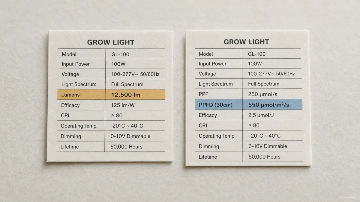 Image: A close comparison of two small grow light spec labels side by side, one highlighting a lumens number and one highlighting a PPFD number, clean flat-lay product photography style, neutral background, no brand marks — AI illustration