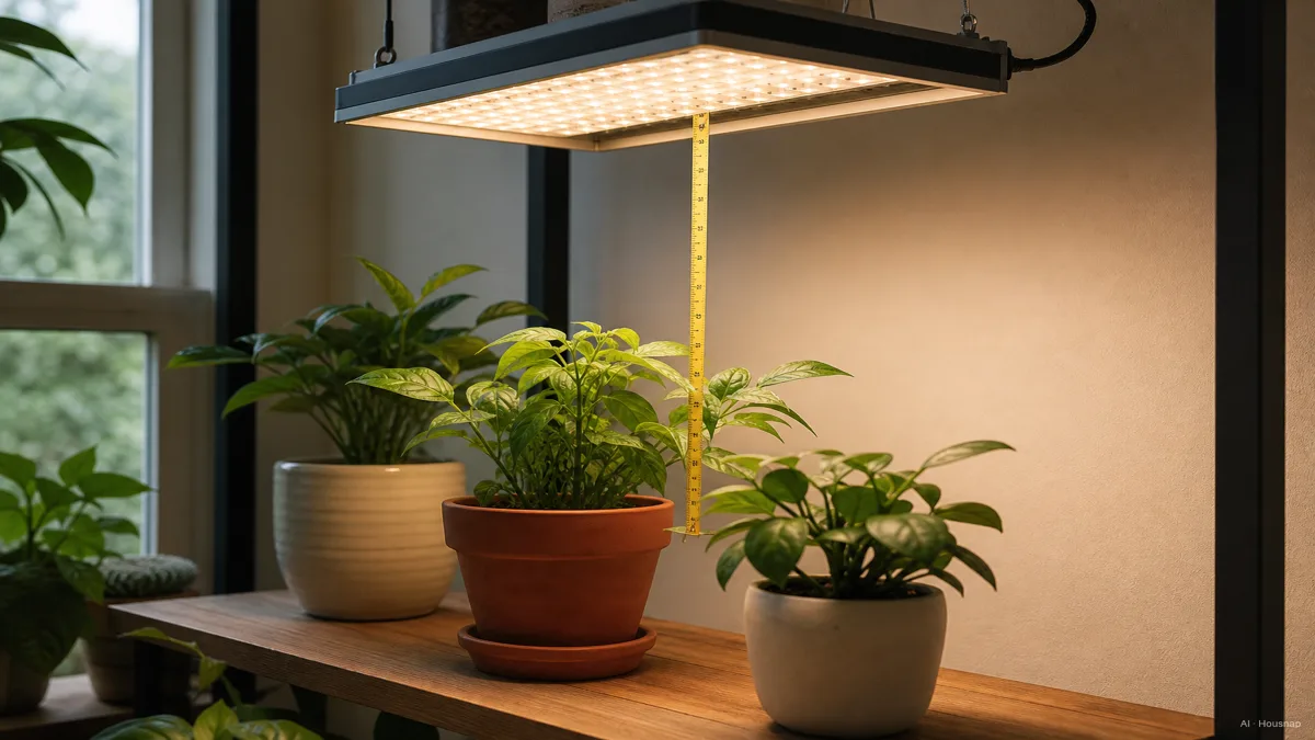 Image: A grow light panel mounted above a small shelf of potted plants at a measured distance, a soft tape measure visible between light and leaves, warm instructional lighting, no brand marks — AI illustration