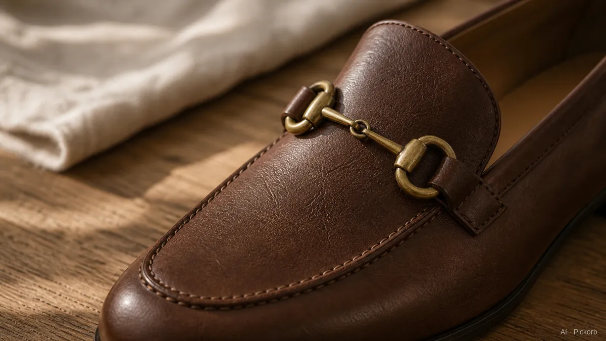 Gros plan sur l'empeigne d'un mocassin en cuir brun de style Gucci avec mors en laiton vieilli, posé sur du chêne mat en lumière douce (illustration générée par IA)