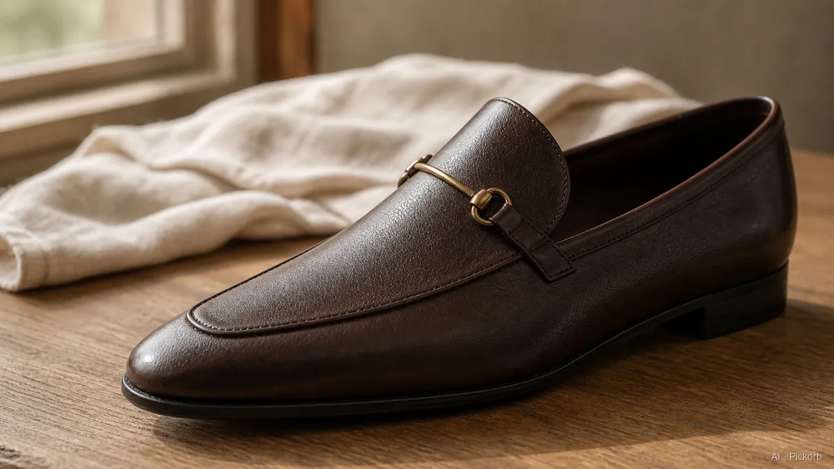 Gros plan sur le profil élancé d'un mocassin en cuir de style Gucci avec fin mors en laiton, posé sur du chêne mat en lumière chaude (illustration générée par IA)