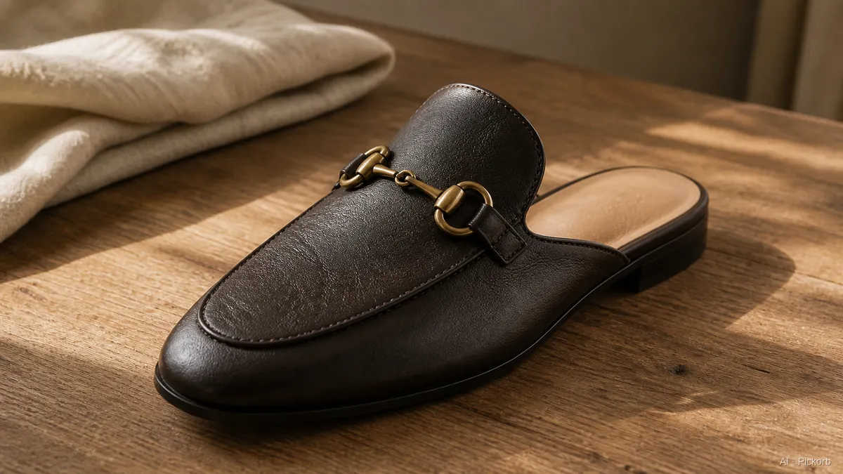 Gros plan sur une mule mocassin en cuir de style Gucci avec talon ouvert, semelle intérieure beige et mors en laiton sur chêne mat (illustration générée par IA)