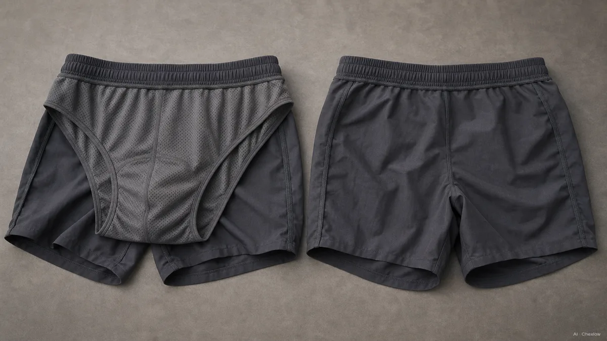 Image: a pair of gym shorts turned inside out on a flat surface, one side showing a stitched-in mesh liner brief and the other side showing plain shell fabric with no liner, side by side comparison, soft studio light
