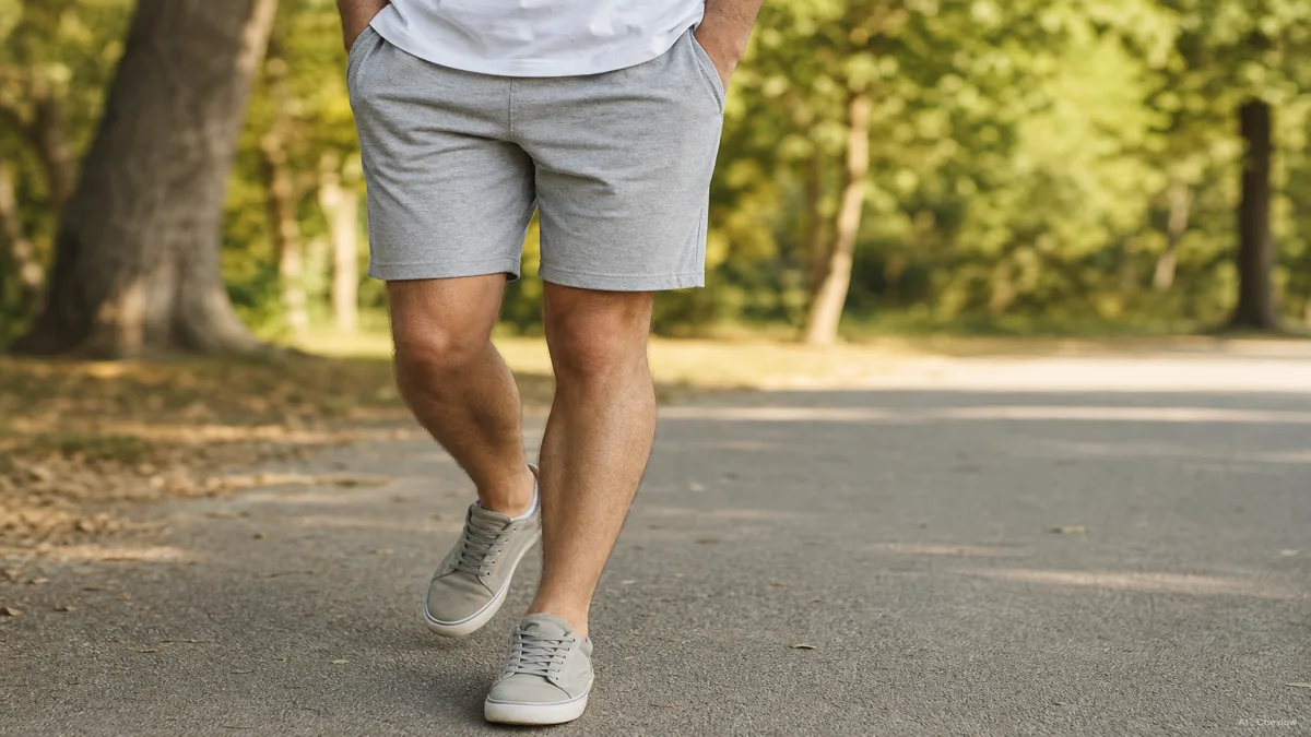 Image: a person mid-stride outdoors in casual unlined gym shorts and a plain T-shirt, relaxed everyday setting rather than a workout, warm natural light