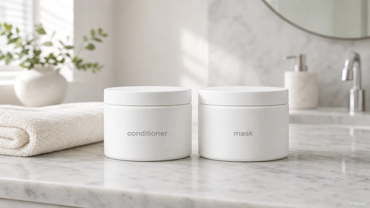 Image: Two haircare tubs side by side on a clean bathroom counter, one labeled conditioner and one labeled mask, soft daylight, no brand marks — AI illustration