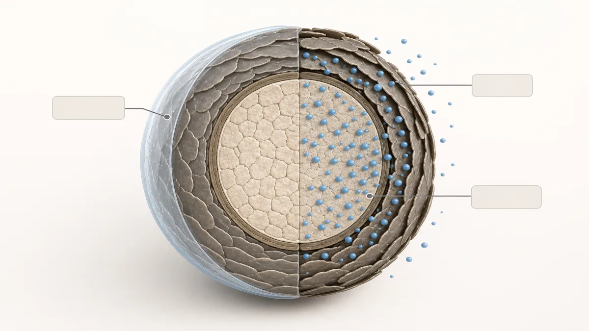 Image: A cross-section illustration of a single hair strand showing a thin conditioner film on the outer cuticle versus deeper actives reaching the inner cortex, clean neutral palette, no brand marks