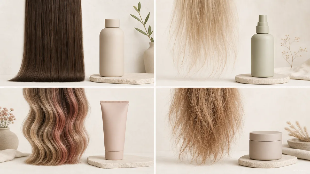 Image: Four simple illustrated vignettes representing normal hair, fine hair, color-treated hair, and damaged hair, each with a small product cue, calm neutral palette, no brand marks