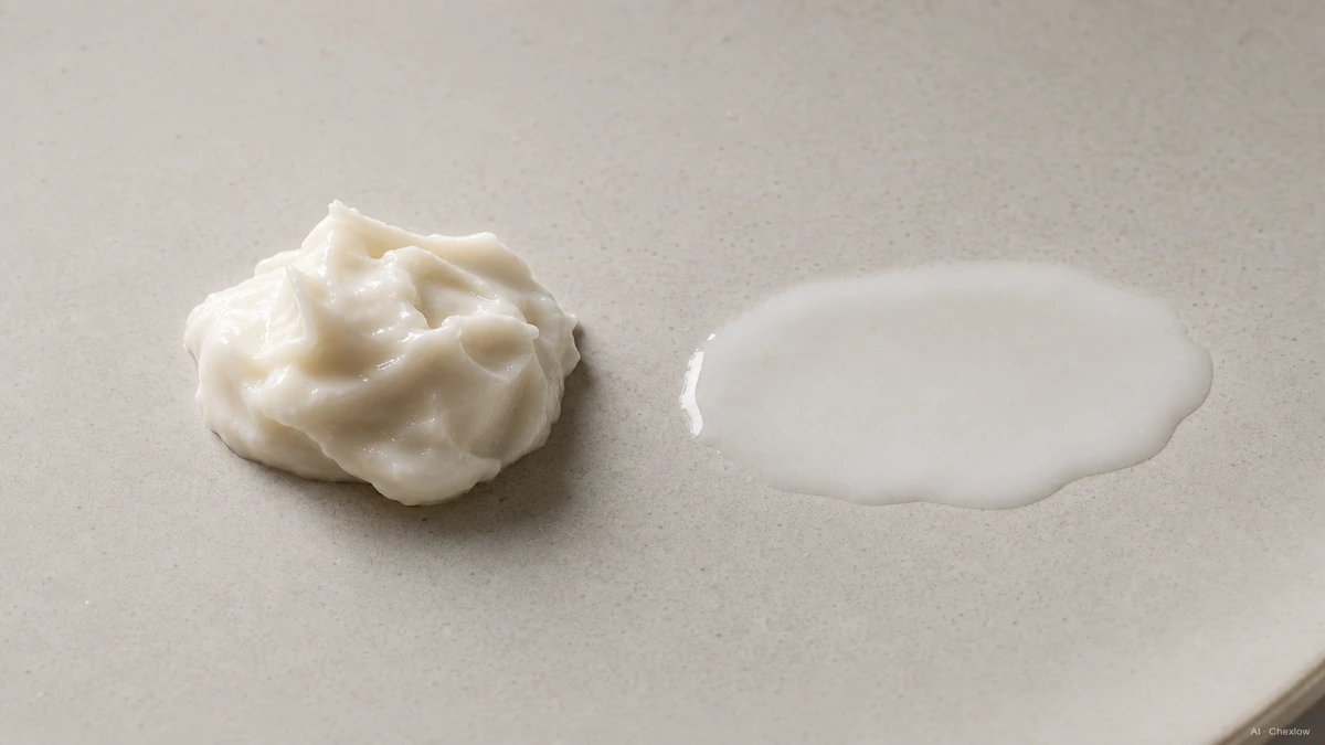 Image: A side by side illustration comparing a thick hair mask texture to a thin leave-in conditioner texture, clean neutral palette, no brand marks