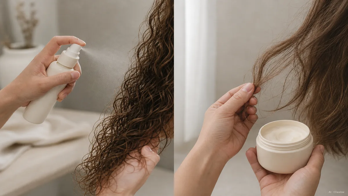 Image: Two simple illustrated vignettes, one showing curly hair with a leave-in spray and one showing damaged hair with a mask jar, calm neutral palette, no brand marks