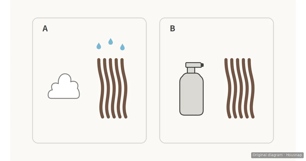 Two-panel diagram comparing foam beside a droplet-marked hair lock with a spray bottle beside a hair lock without droplets, marked A and B.