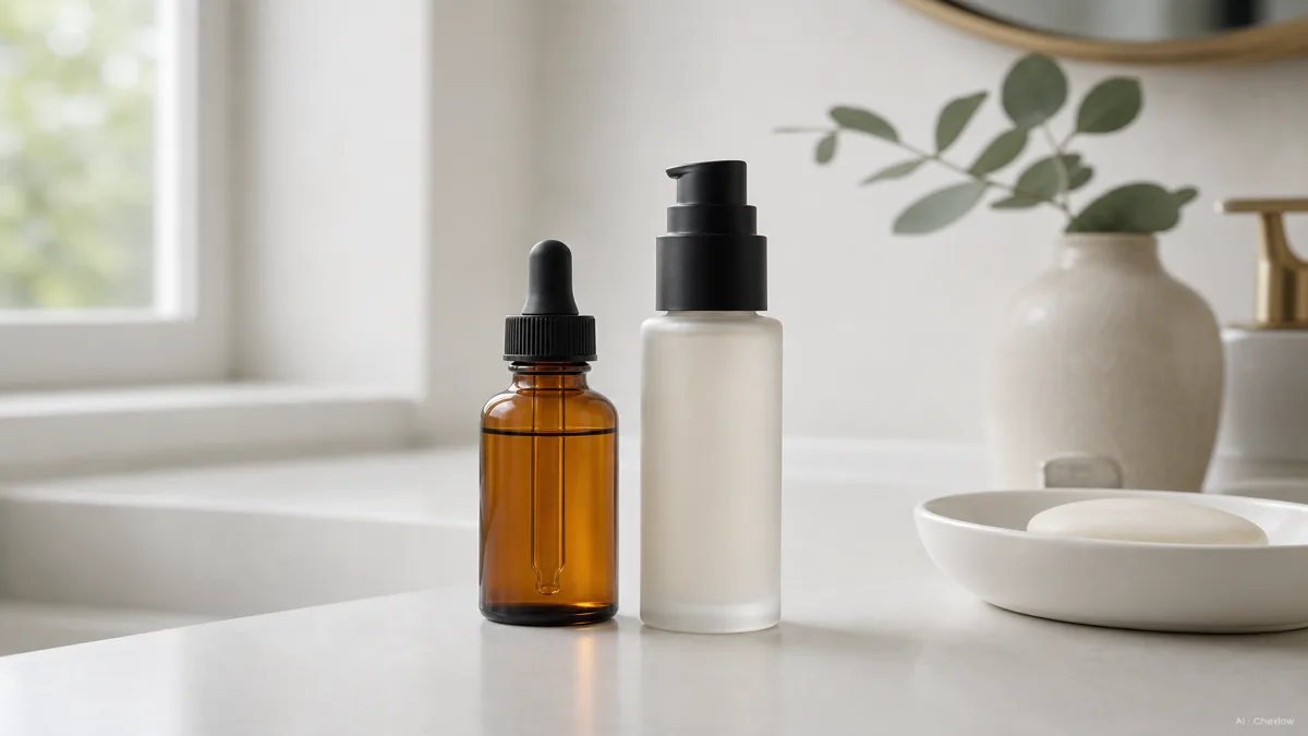 Image: A small dropper bottle of hair oil and a pump bottle of serum side by side on a clean bathroom counter, soft daylight, no brand marks — AI illustration