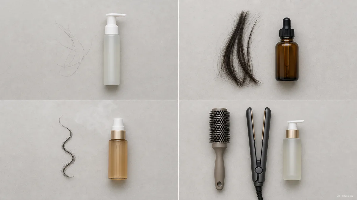 Image: Four simple illustrated vignettes representing fine hair, coarse dry hair, frizzy humid-weather hair, and heat-styled hair, each with a small product cue, calm neutral palette, no brand marks