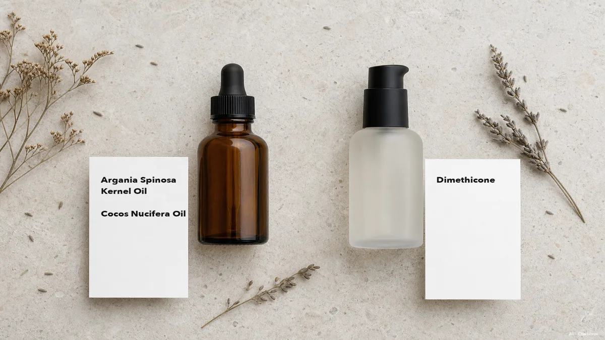 Image: A clean flat-lay of an ingredient label with argan and coconut oil names highlighted on one product and dimethicone highlighted on another, neutral palette, no brand marks