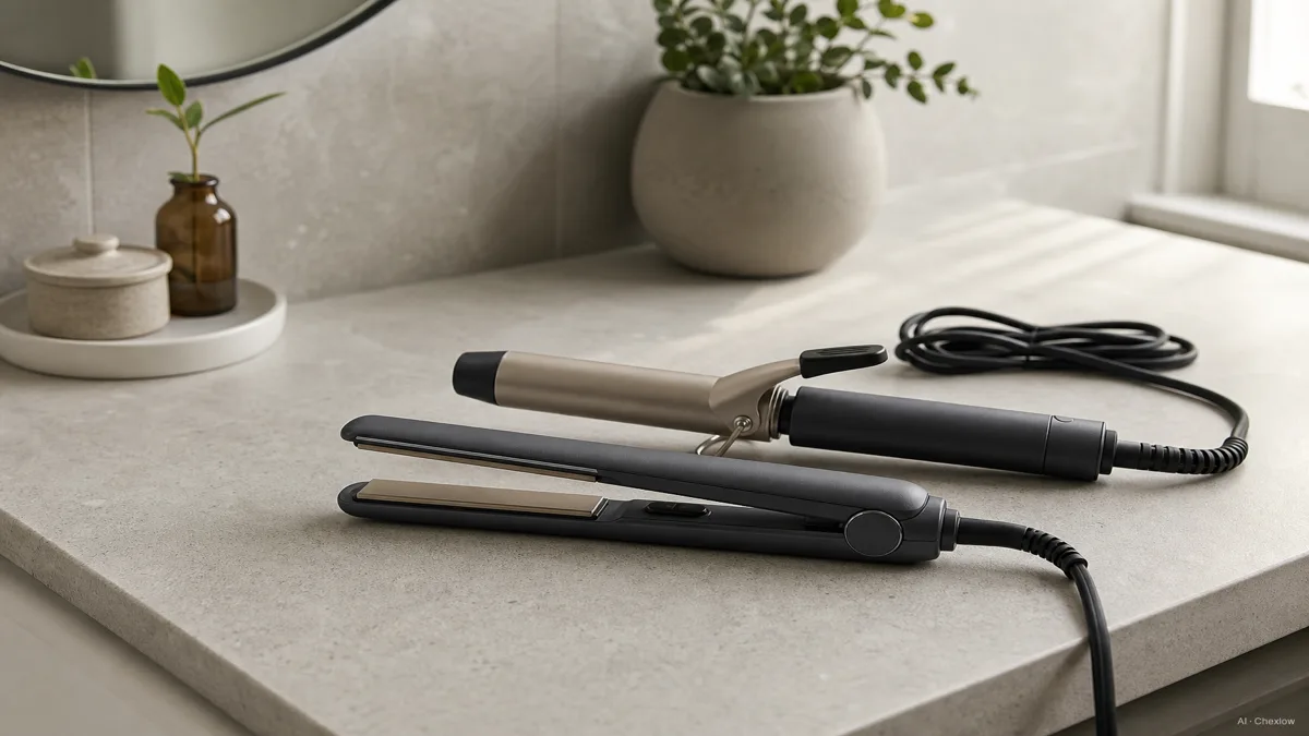 Image: A ceramic flat iron and a barrel curling iron resting side by side on a clean bathroom counter, cords loosely coiled, soft daylight, no visible brand marks — AI illustration
