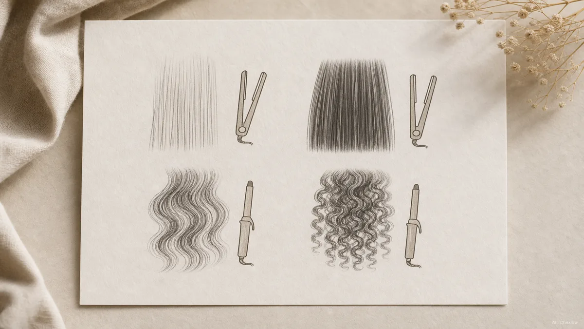Image: Four simple illustrated hair textures, fine, thick, wavy, and curly, each shown with a small heat-tool icon suggesting the better first match, calm neutral palette, no brand marks