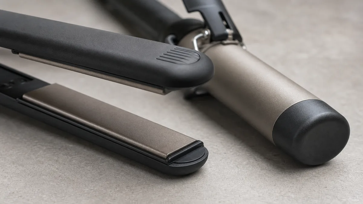 Image: A macro close-up of a flat iron's heated plates next to a curling iron barrel, subtle material texture visible on each surface, neutral studio lighting, no visible brand marks